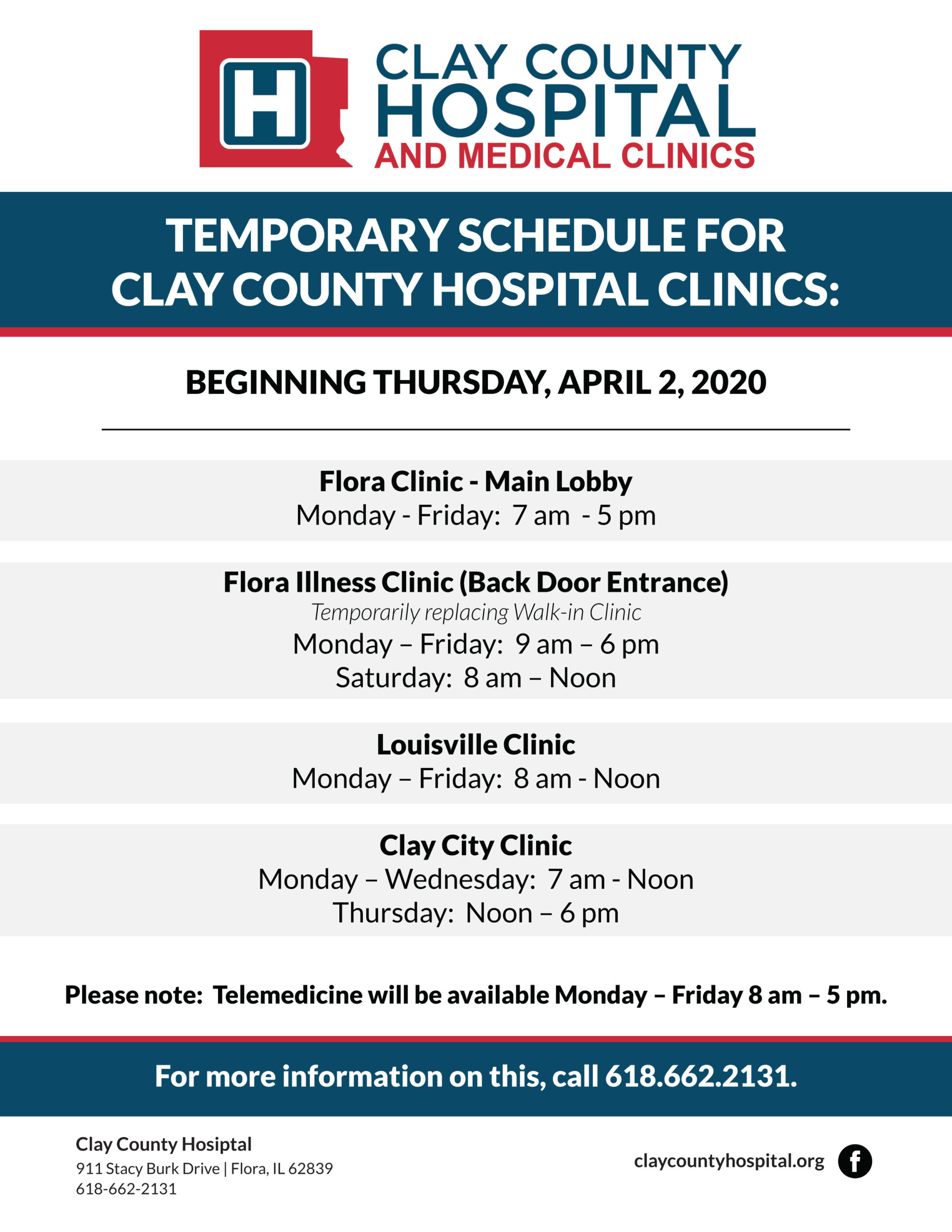 Clay County Hospital And Medical Clinics Cch Clinics Temporary Hours